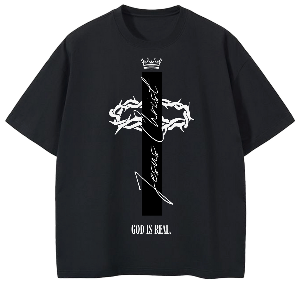 GOD IS REAL KING AND THORNS CROWN GD Oversized Graphic Tee in Black