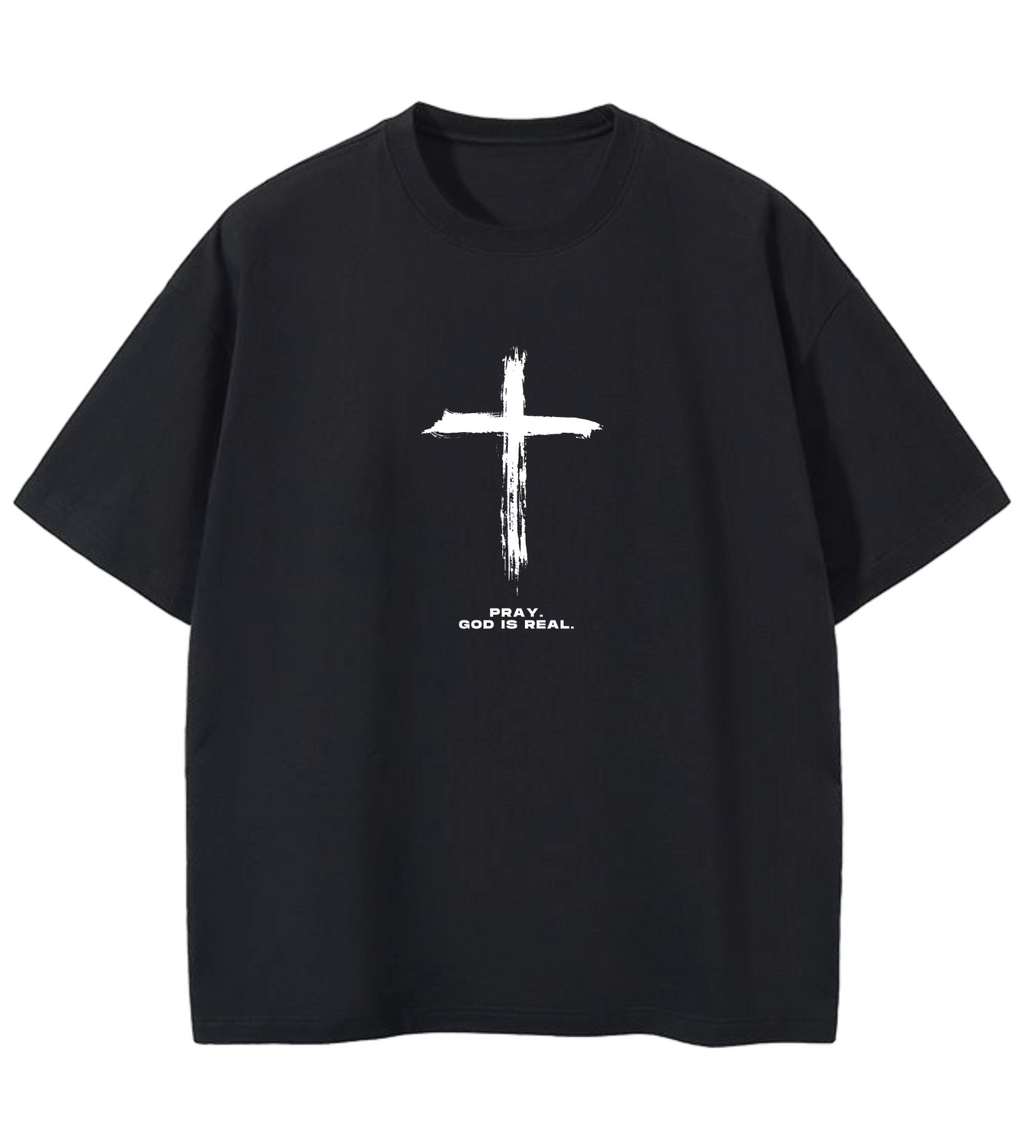 GOD IS REAL GRAPHIC CROSS GD Oversized Graphic Tee in Black
