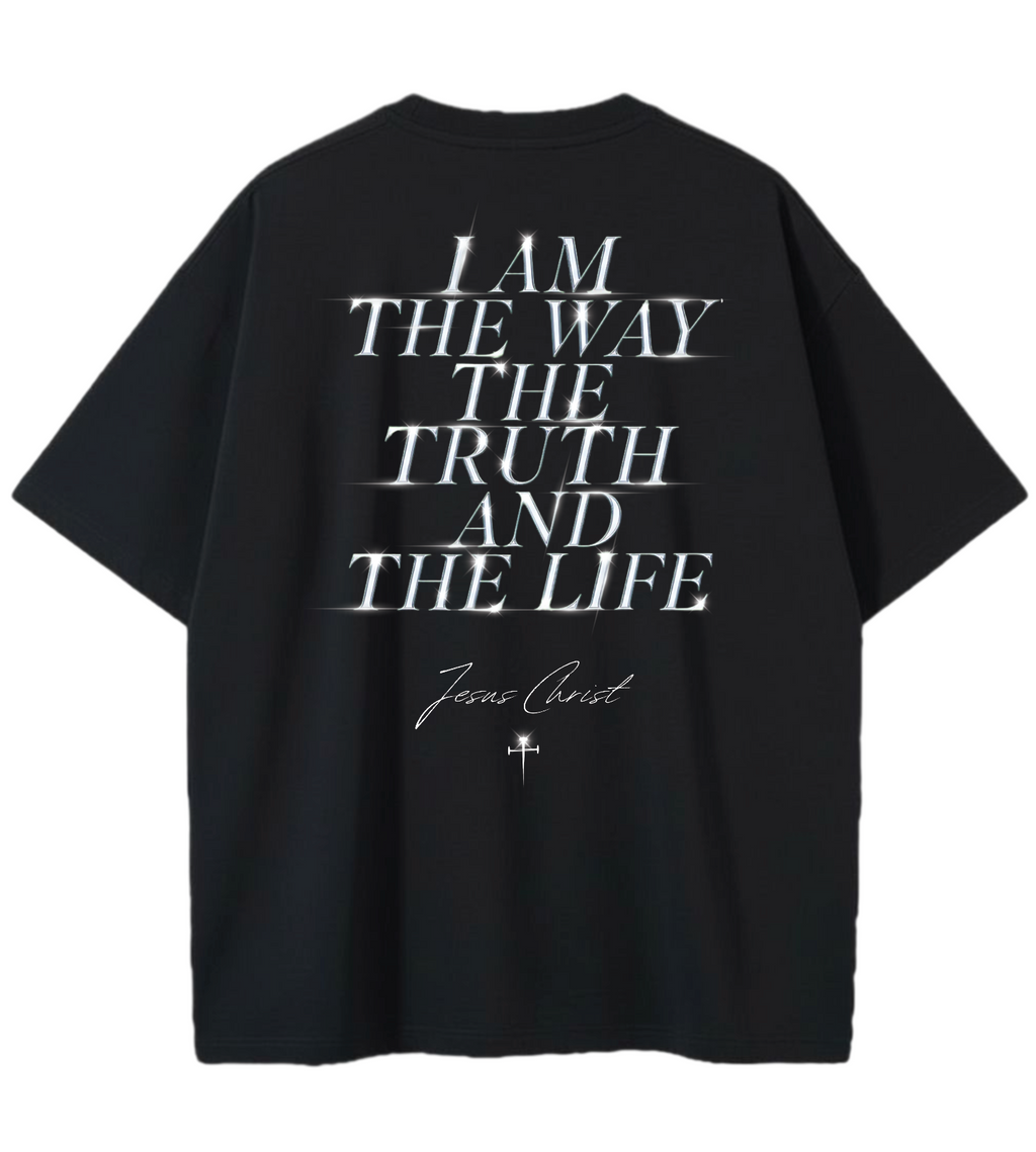 GOD IS REAL I AM THE LIGHT GD Oversized Graphic Tee in Black