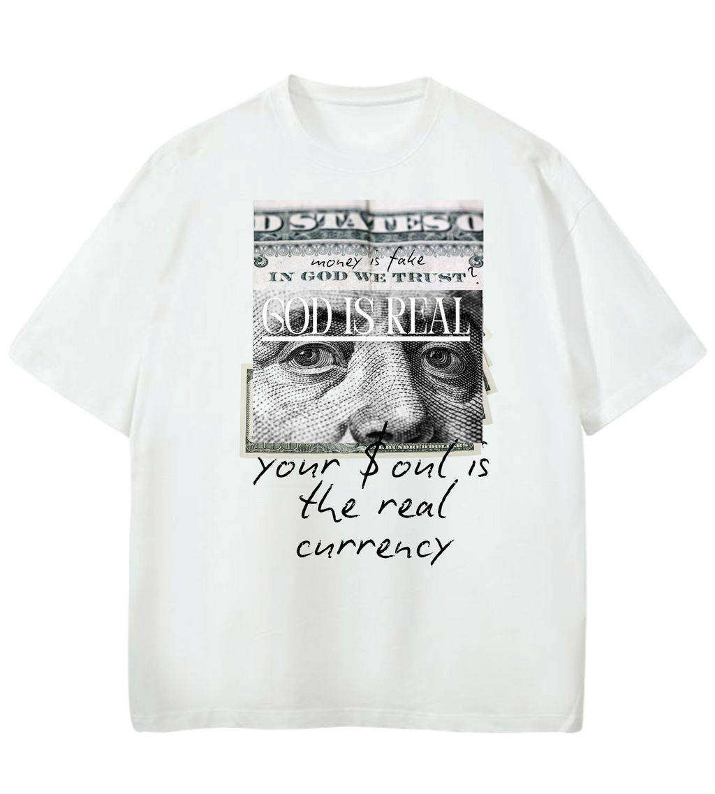 GOD IS REAL $IS FAKE-SOUL CURRENCY Oversized Graphic Tee in Black