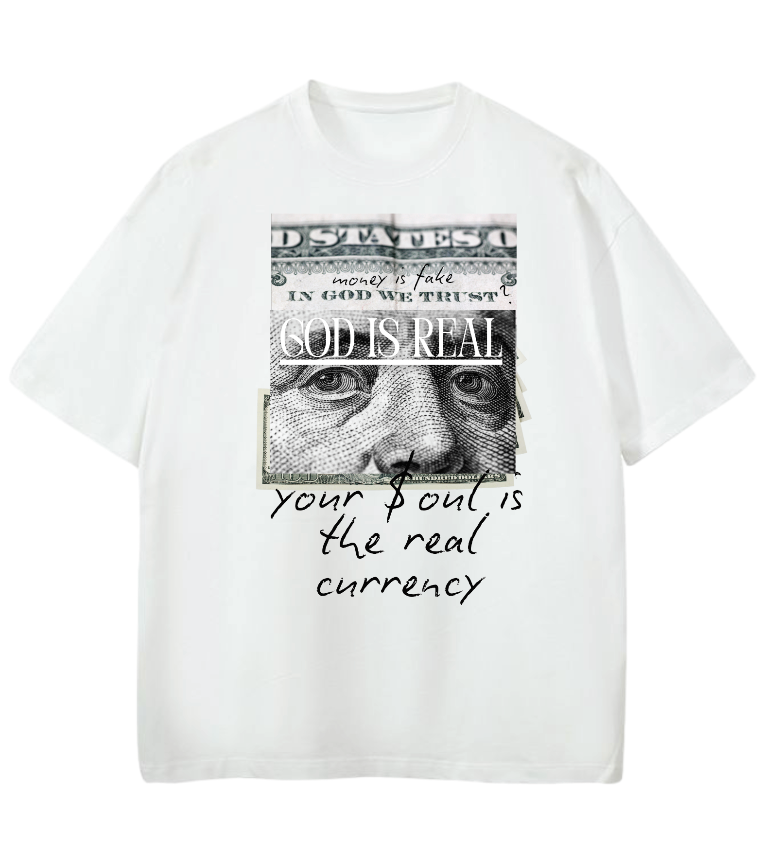 GOD IS REAL $IS FAKE-SOUL CURRENCY Oversized Graphic Tee in Black