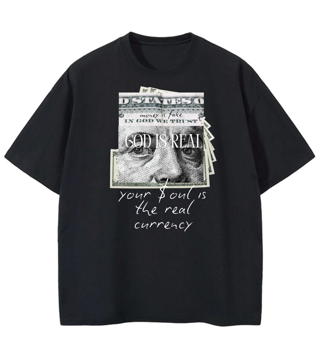 GOD IS REAL $IS FAKE-SOUL CURRENCY Oversized Graphic Tee in White
