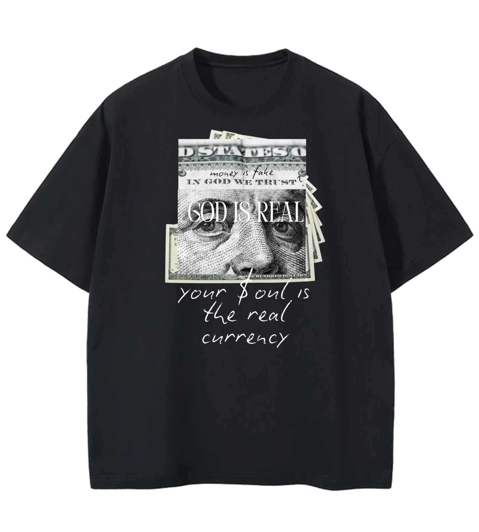 GOD IS REAL $IS FAKE-SOUL CURRENCY Oversized Graphic Tee in White
