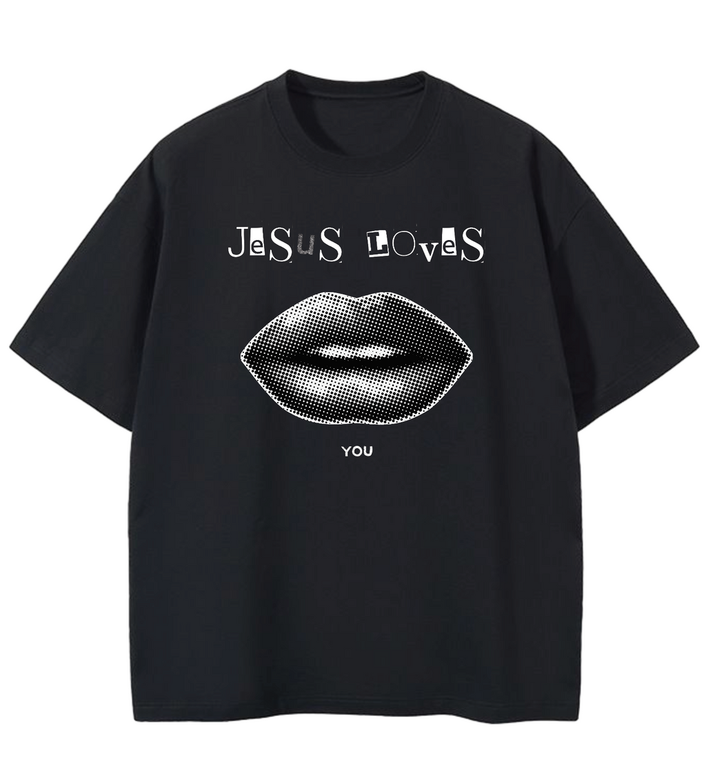 GOD IS REAL JESUS LOVES YOU LIPS GD Oversized Graphic Tee in Black