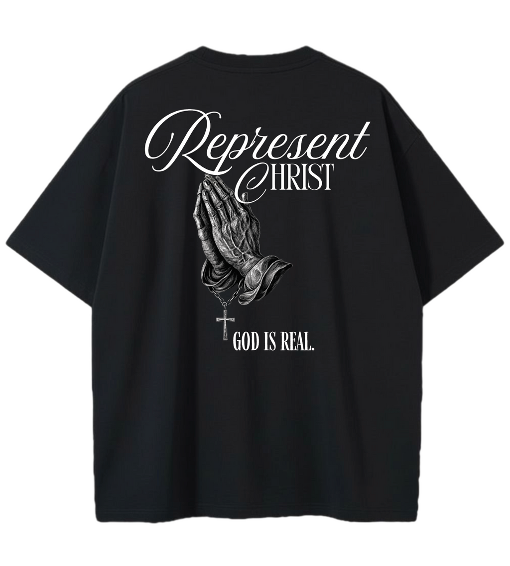 GOD IS REAL REPRESENT CHRIST GD Oversized Graphic Tee in Black