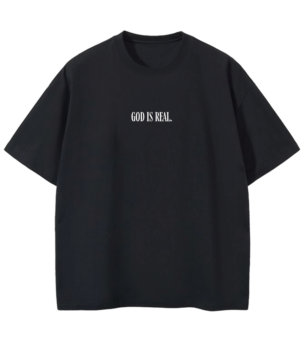 GOD IS REAL I AM THE LIGHT GD Oversized Graphic Tee in Black