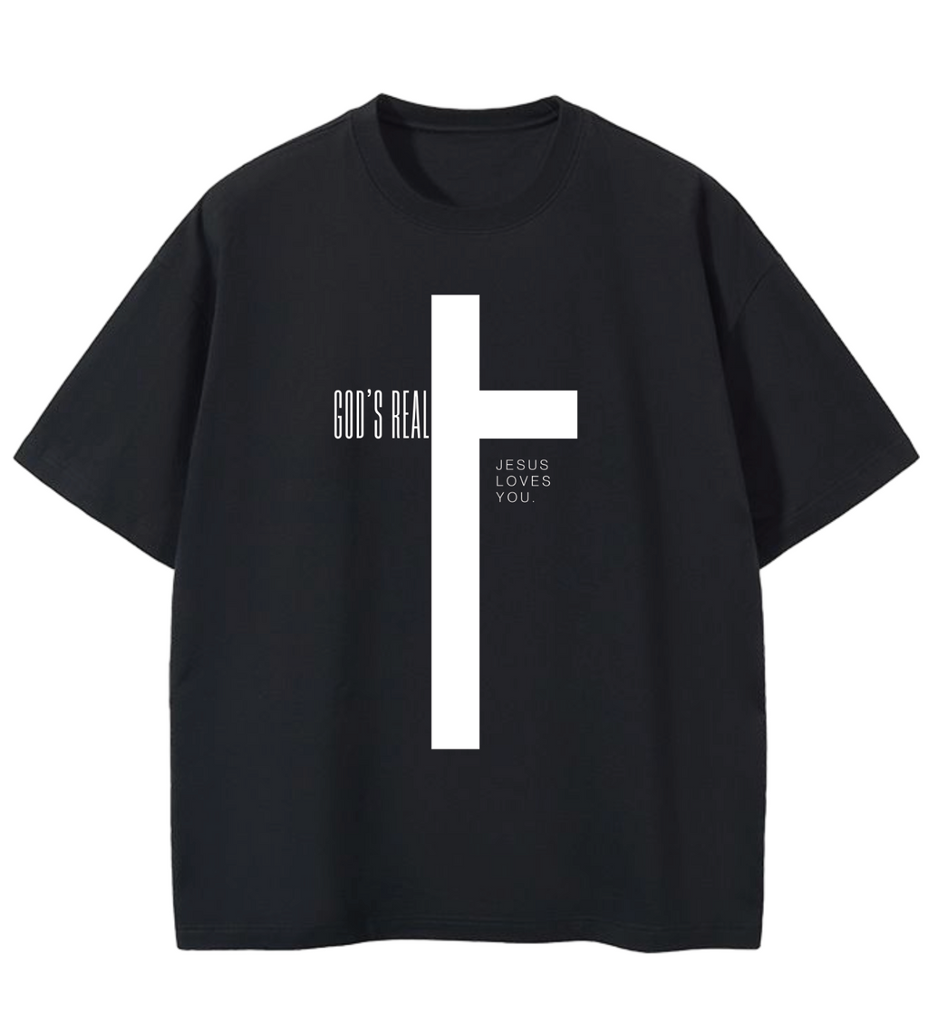 GOD IS REAL CROSS GD Oversized Graphic Tee in Black